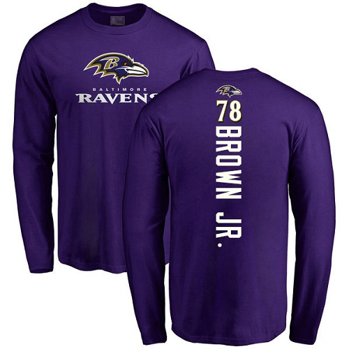 Men Baltimore Ravens Purple Orlando Brown Jr. Backer NFL Football #78 Long Sleeve T Shirt